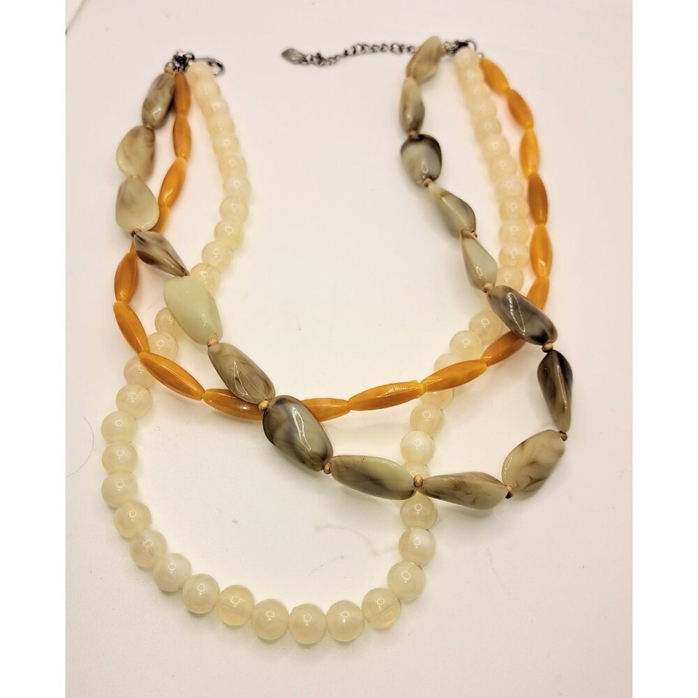 Vintage Chunky Beaded 3 Strand Necklace‎ Orange Beige White Ladies Women's
